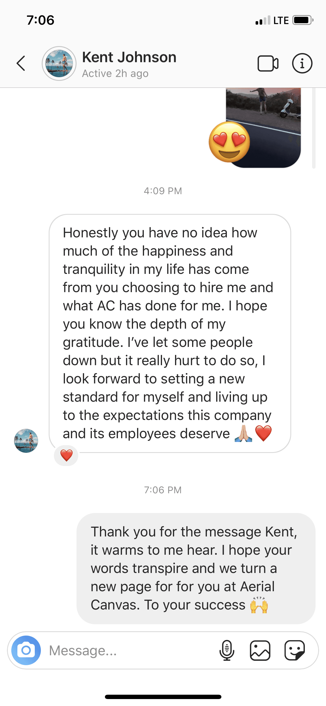Message from Kent Johnson thanking Brendan for the opportunity, happiness, and stability his work created.