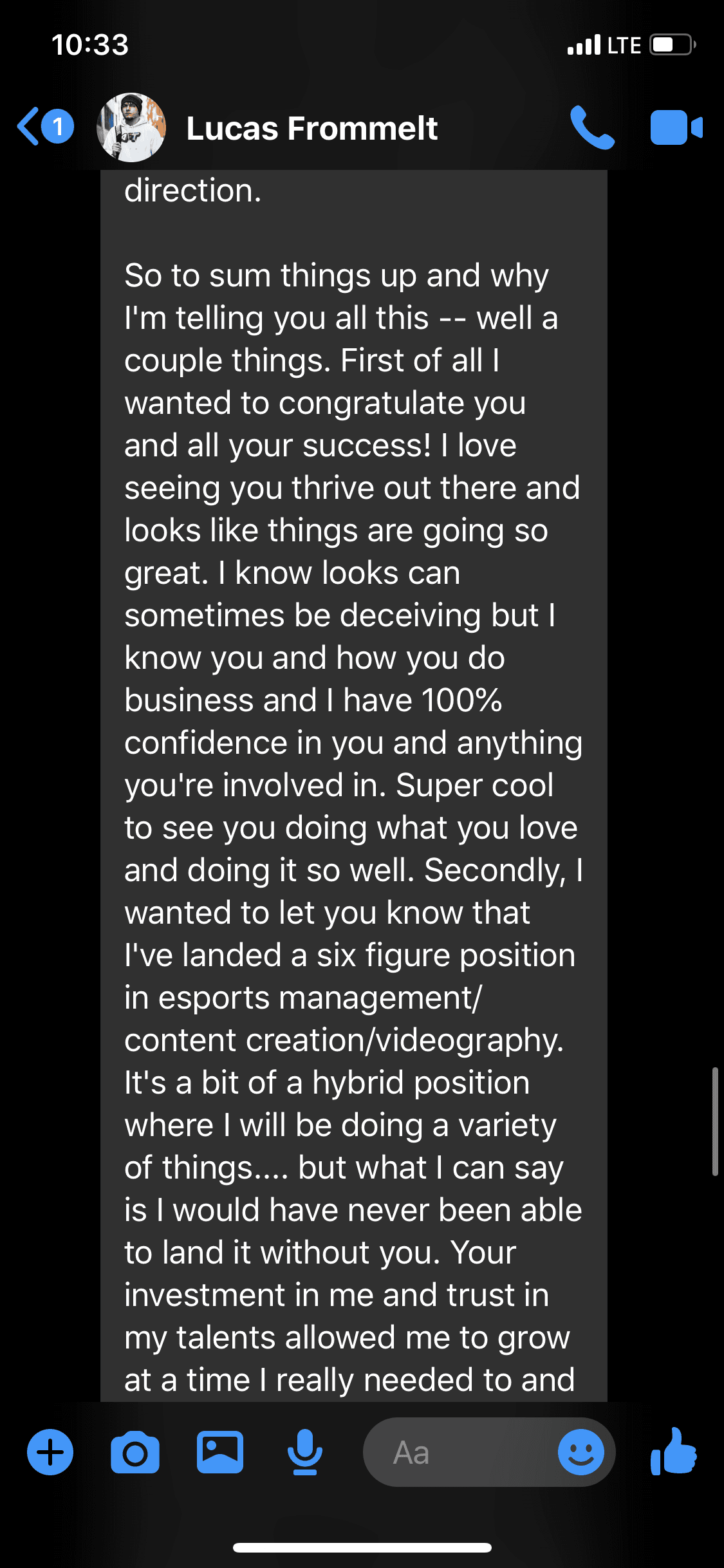 First half of a message from Lucas Frommelt congratulating Brendan and crediting his mentorship.