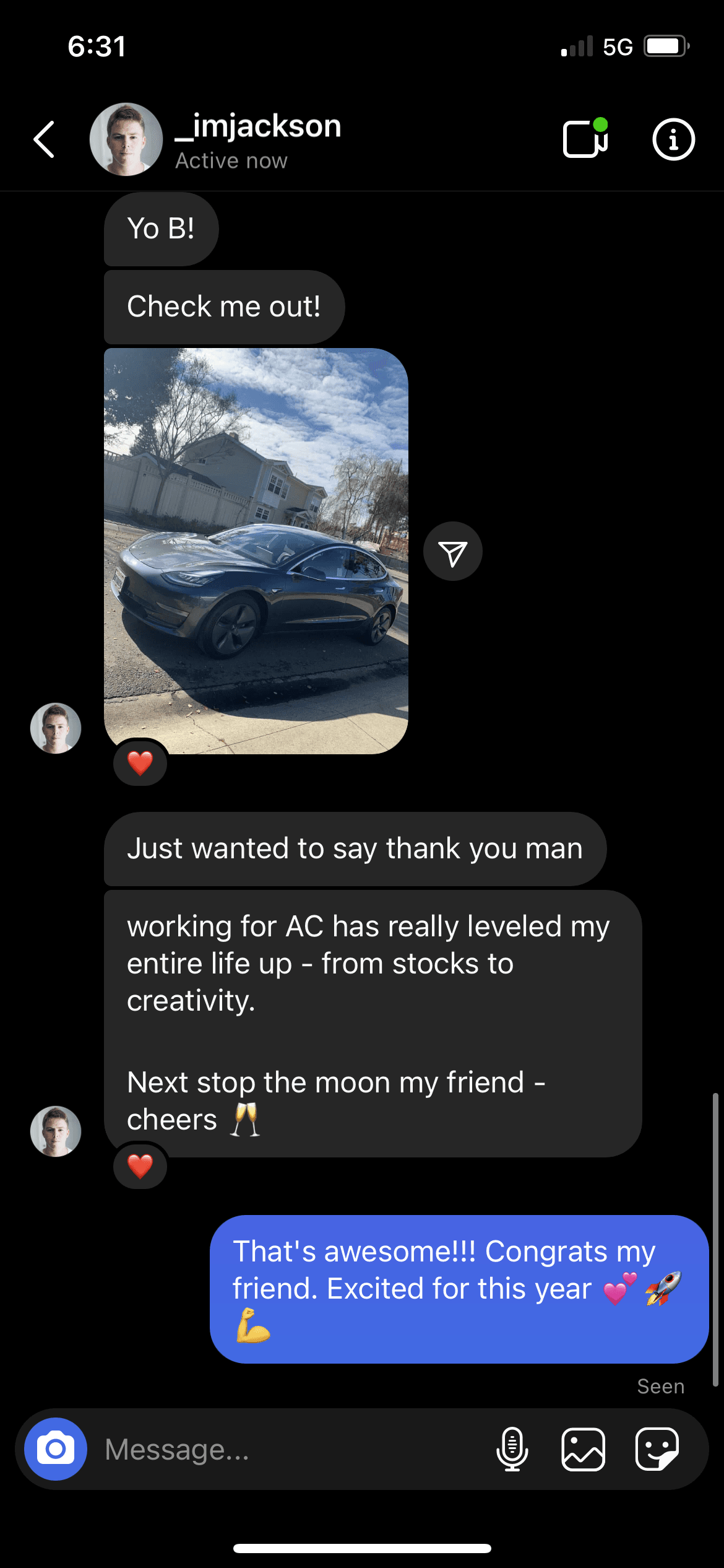 Instagram message thanking Brendan and crediting Aerial Canvas with leveling up the sender's life.