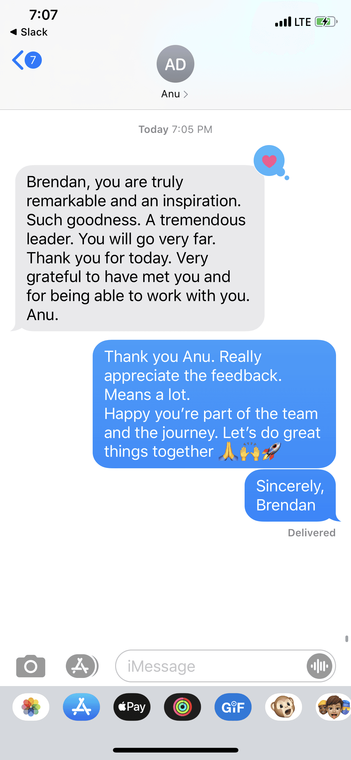 Slack message from Anu calling Brendan a remarkable, inspirational, and tremendous leader.