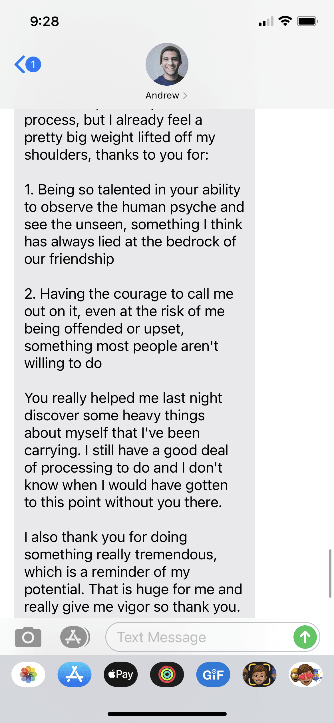 Message from Andrew thanking Brendan for honest perspective, support, and a renewed sense of potential.