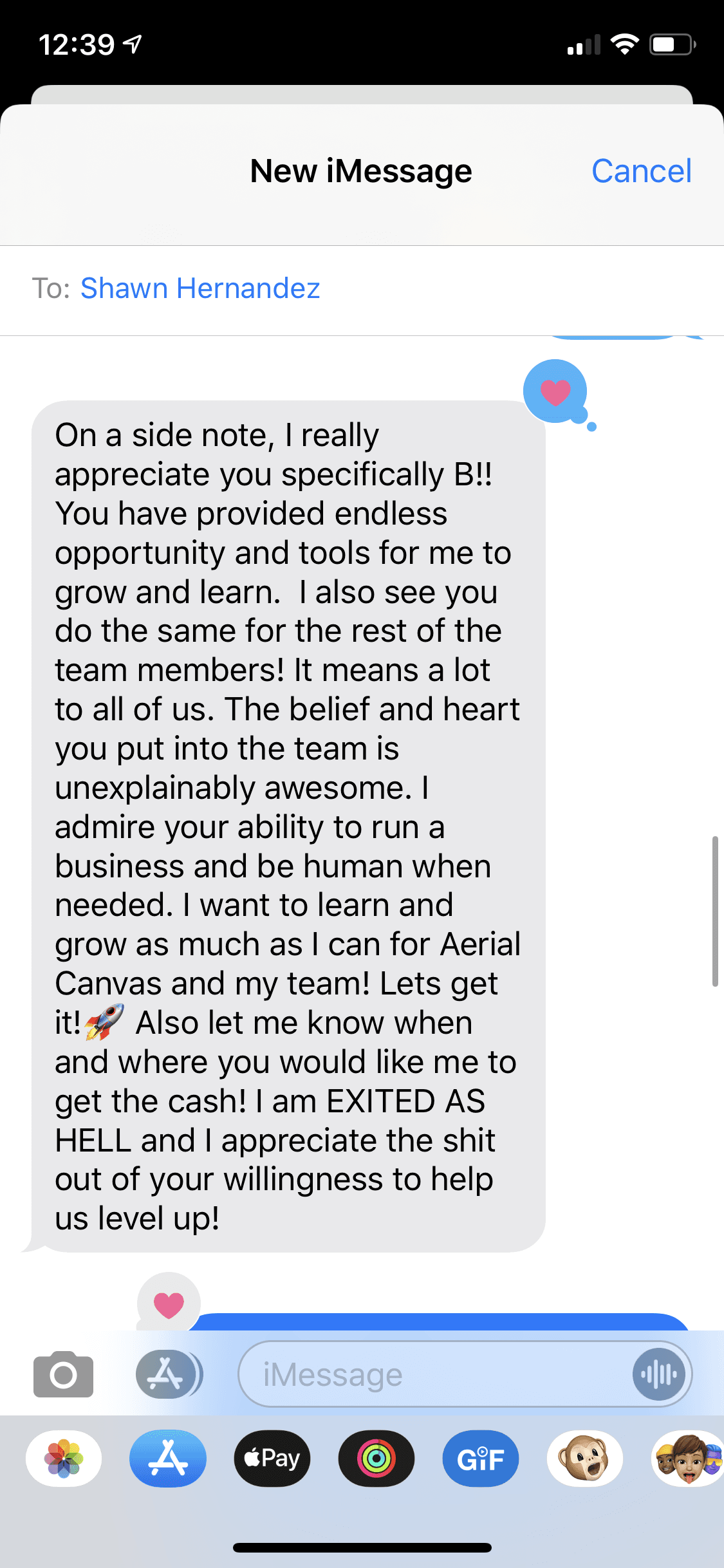 Message from Shawn Hernandez praising Brendan's belief in his team and the opportunities he creates.